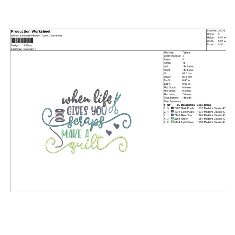 May include: Embroidery design featuring a colorful quote: "When life gives you scraps, make a quilt". The design includes a spool of thread, scissors, and hearts.
