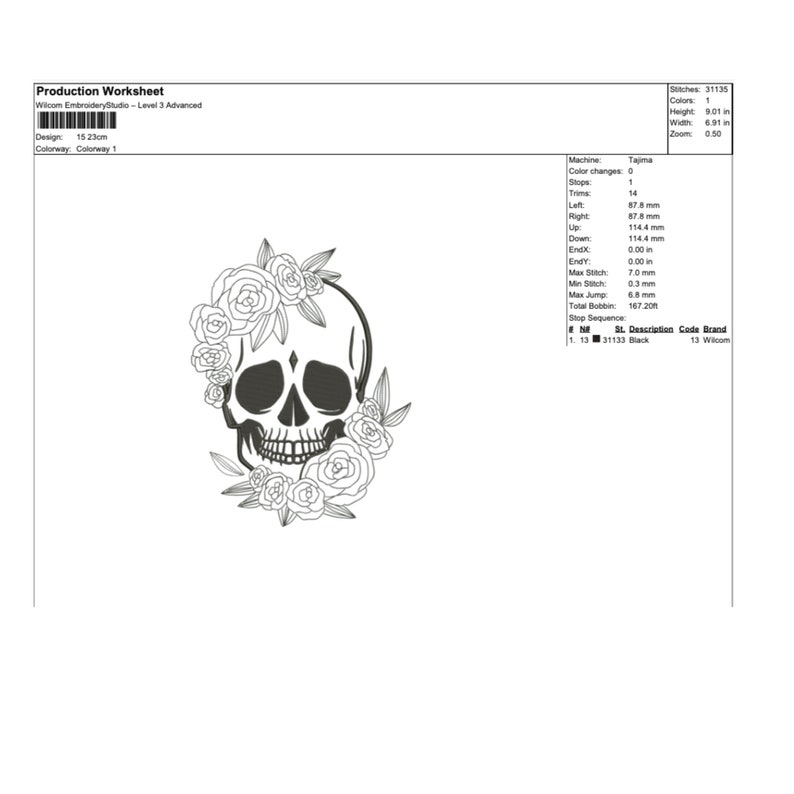 May include: A black and white embroidery design of a skull with roses around it. The design is 15.23 cm wide.