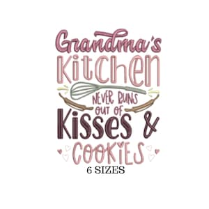 May include: Grandma's Kitchen Never Runs Out of Kisses & Cookies.  Embroidered design in pink, brown, and white with a whisk and hearts.  Available in 6 sizes.