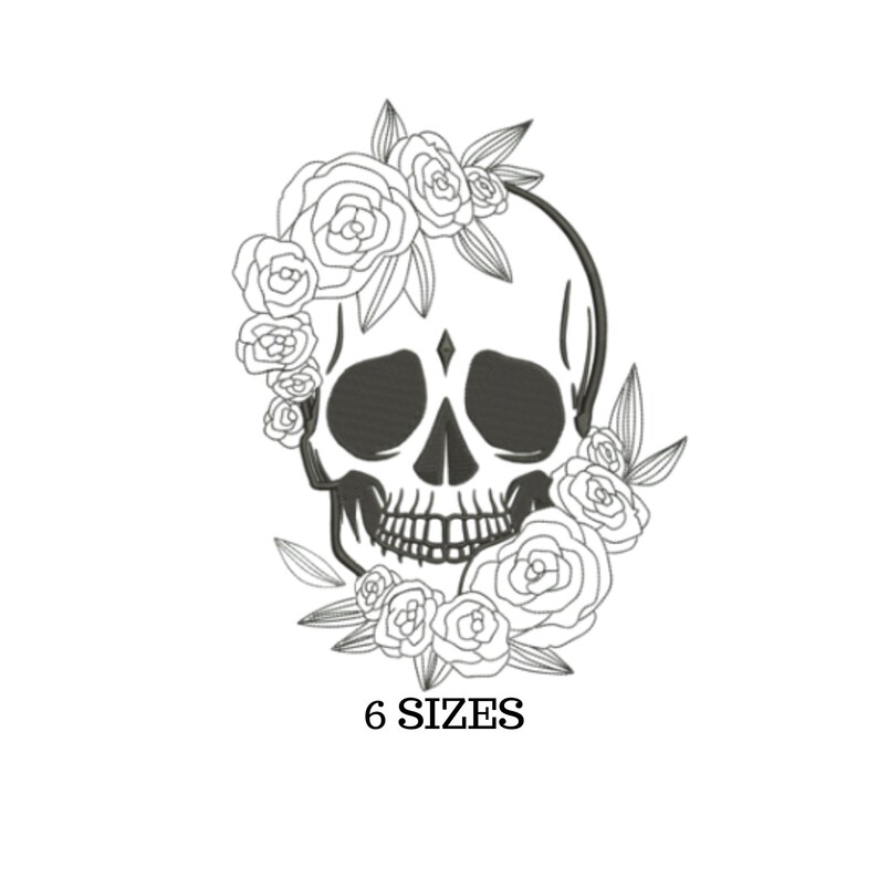 May include: Black and white line art embroidery design of a skull with flowers. The skull has a diamond on its forehead. The text "6 SIZES" is below the image.
