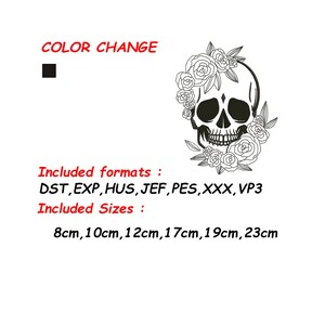May include: Black and white embroidery design of a skull with a floral wreath. The design is available in multiple formats and sizes, including DST, EXP, HUS, JEF, PES, XXX, and VP3. Sizes include 8cm, 10cm, 12cm, 17cm, 19cm, and 23cm.