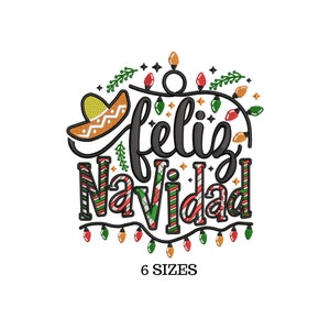 May include: A festive embroidery design featuring the text "Feliz Navidad" in black with a red and green striped pattern. The design is surrounded by green leaves, yellow stars, and red and green Christmas lights.