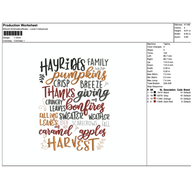 以下が含まれることがあります： 「HAYRIDES FAMILY pumpkins CRISP BREEZE THANKS giving CRUNCHY LEAVES bonfires FALLING SWEATER WEATHER LEAVES cider SCARECROWS FALL caramel apples HARVEST」というテキストが書かれた秋のテーマのワードアートデザインの刺繍デザイン。
