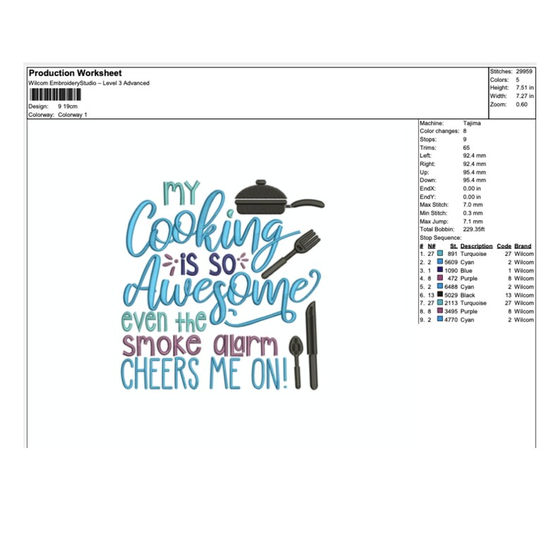 Puede incluir: Dise&ntilde;o de bordado con un texto azul y rosa que dice "My cooking is so awesome even the smoke alarm cheers me on!" con una sart&eacute;n negra, un tenedor, un cuchillo y una cuchara.