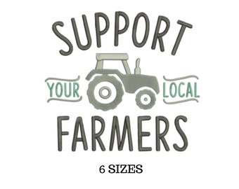 Peut inclure: Graphique avec le texte "SUPPORT YOUR LOCAL FARMERS" en gris, avec un tracteur gris au centre. Les mots "YOUR" et "LOCAL" sont de couleur sarcelle. Le texte "6 SIZES" est en bas.