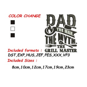 May include: Embroidered design featuring the text "Dad The Man The Myth The Grill Master" with a flame and grilling tools. Available in multiple sizes and formats, including DST, EXP, HUS, JEF, PES, XXX, and VP3.