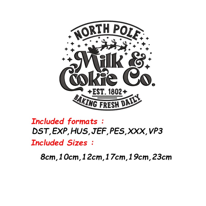 May include: Black and white logo design for a company called "Milk & Cookie Co." with the text "North Pole" and "Baking Fresh Daily". The logo also includes a small image of Santa Claus in a sleigh with reindeer.