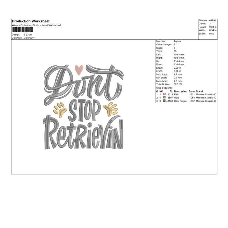 Peut inclure: Mod&egrave;le de broderie pour un projet de broderie machine. Le motif pr&eacute;sente un design gris, rose et or avec le texte "Don't Stop Retrievin" et des empreintes de pattes.