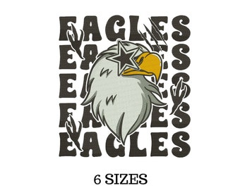 May include: Black and white graphic design of an eagle with a star over its eye. The word "EAGLES" is repeated in a pattern around the eagle. The text "6 SIZES" is below the design.