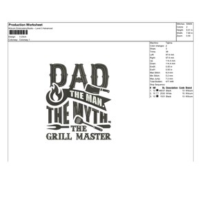 May include: Black and white embroidery design of a grill master with the text "Dad The Man The Myth The Grill Master".