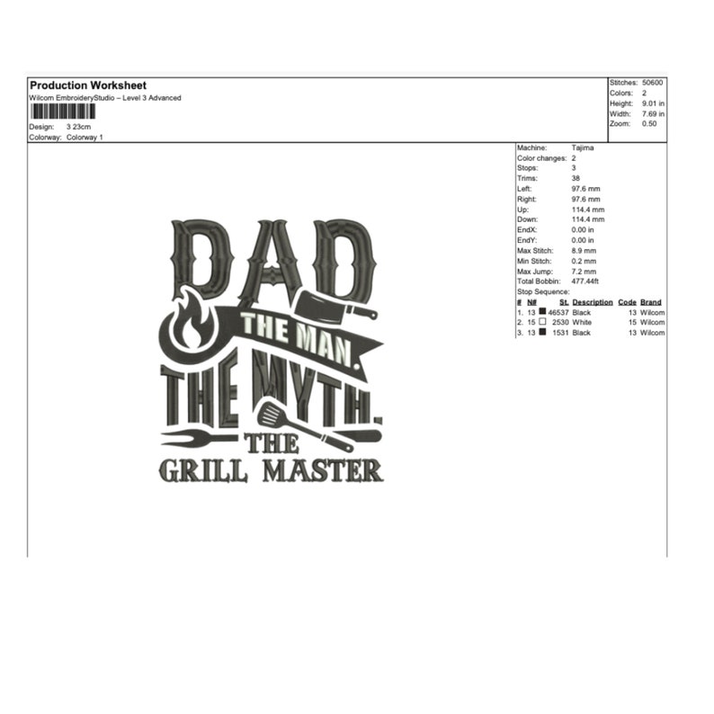 May include: Black and white embroidery design of a grill master with the text "Dad The Man The Myth The Grill Master".