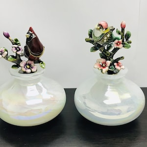 Bird Floral Perfume Bottle Pewter Jeweled Glass 14K Gold Plated