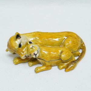 Playful Mom and Cub Puma Trinket box Pewter Enameled 14K Gold Plated