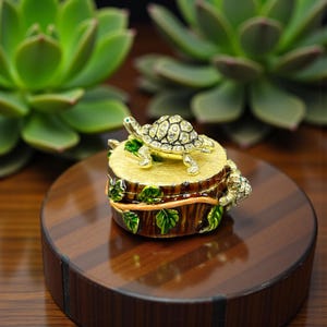 Limited Edition Turtle tree trunk Design Jeweled Trinket Box Pewter Enameled 14K Gold Plated