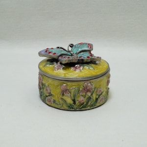 Vintage Round Floral Trinket with Butterfly on Lid Pewter Enamel Jeweled