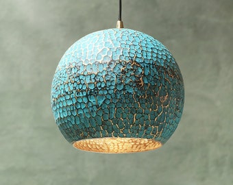 Blue Patina Brass Pendant light, Hammared Oxidized Farmhouse Pendant Light, Blue Patina Brass Island Kitchen Ceiling Light