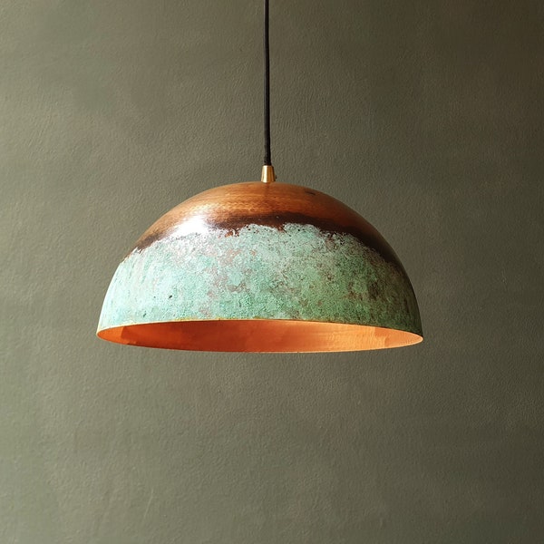 Green Patina Copper Pendant Light, Oxidized Copper Farmhouse Pendant Light, Handcrafted Verdigris Copper Ceiling Lamp
