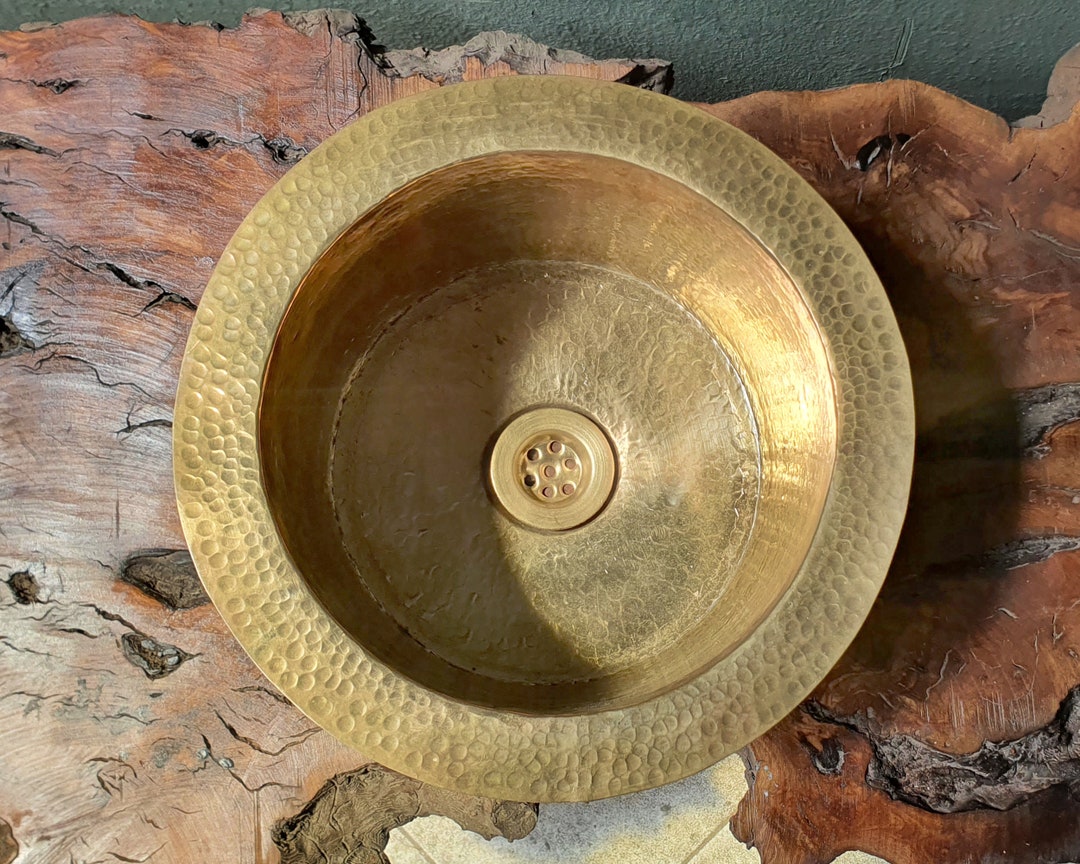 Unlacquered Round Brass Bar Sink, Hammered Drop in Sink, Round Solid