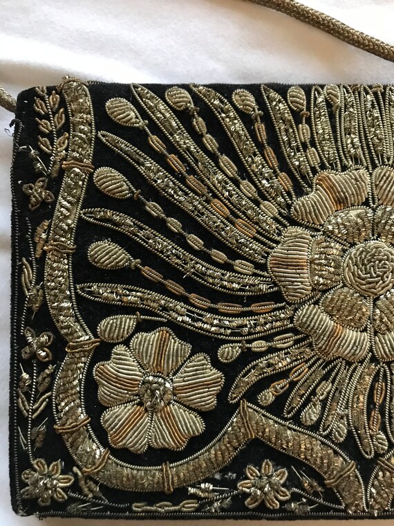 Black Embroidered Purse/ Gold Thread Floral Patte… - image 5