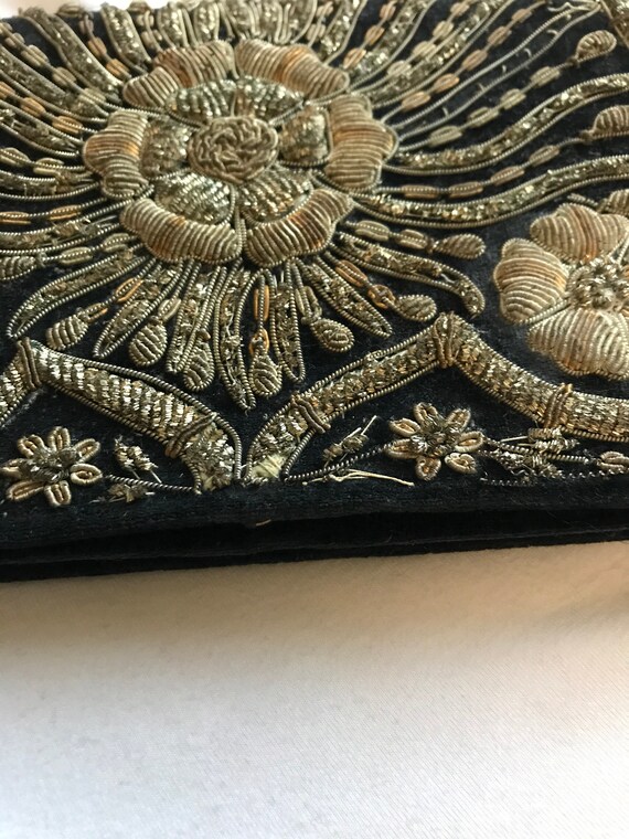 Black Embroidered Purse/ Gold Thread Floral Patte… - image 6