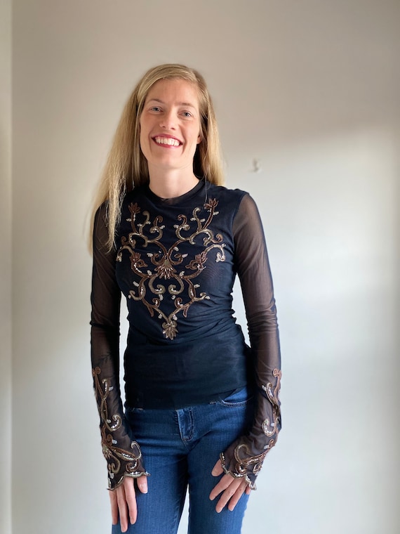 90's Black Gem Embroidered Shirt/ 1990's Long Slee