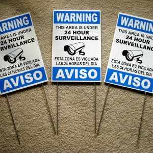3 Security Video Surveillance Warning Signs 8x12 Spanish English w/Stakes blue Free Shipping!