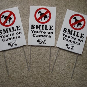 3 No Dog Poop - Smile you&#39;re on Camera 8&quot;X12&quot; Plastic Coroplast SIGNS w/Stakes