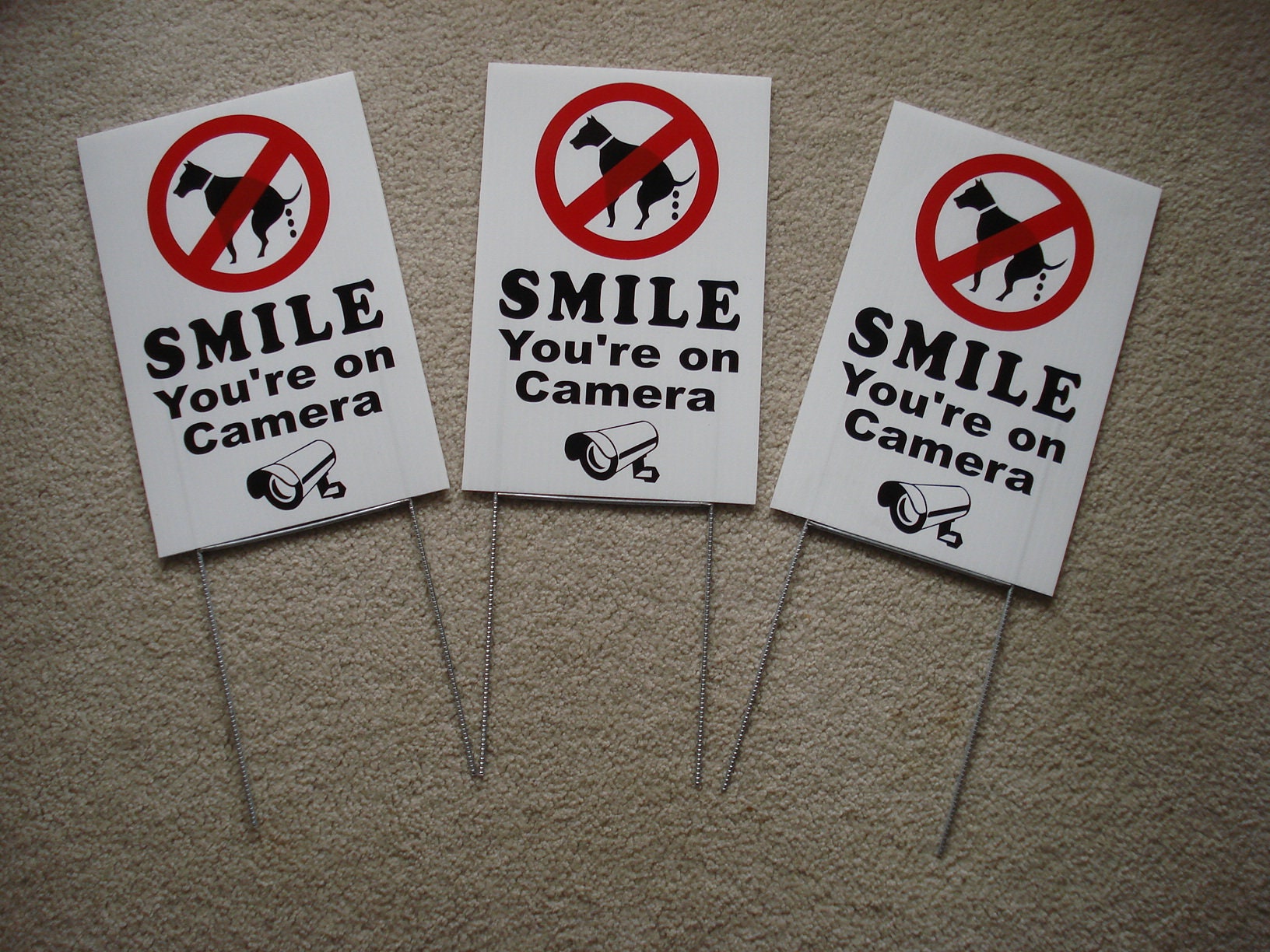3 SMILE YOU'RE ON CAMERA Coroplast  YARD SIGNS 8x12  w/ Stakes  NEW Security Whi
