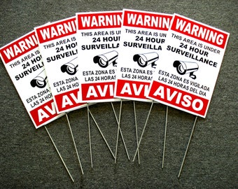 5 Security Video Surveillance Warning 24Hr Signs 8x12 Spanish English w/Stakes