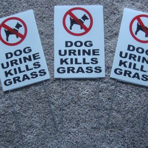 May include: Three white signs with red circles and a black silhouette of a dog with a leash. The signs say "Dog Urine Kills Grass".