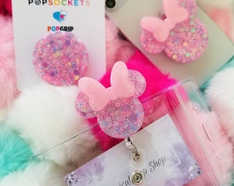 Cotton Candy, Pink Purple Confetti Minnie PopSockets, Retractable Badge Reels, Disney Princess PopSockets Phone Grips
