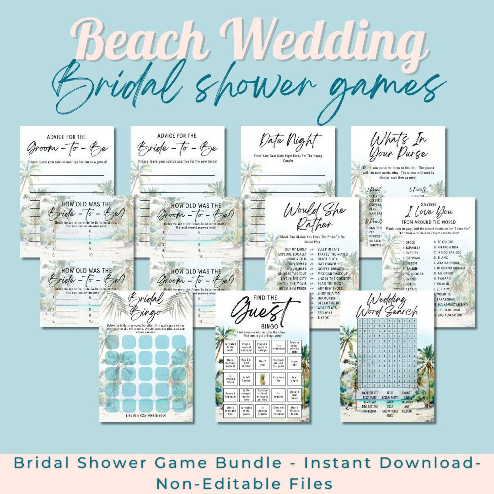 Beach Bridal Shower, Bridal Shower Bingo, Bridal Shower Bundle, Beach