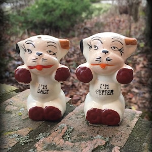 Bonzo Dog Salt and Pepper Shakers. 1940&#39;s Vintage Ceramic Puppies with Brown Paws. Collectible Cute Kitsch. Made in Japan