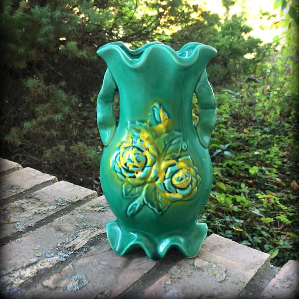 Whimsical Ruffled Vase. Vintage Ceramic Handled Vase with Raised Relief Roses. Wavy Foot, Handles and Brim. Very Unique Decor!