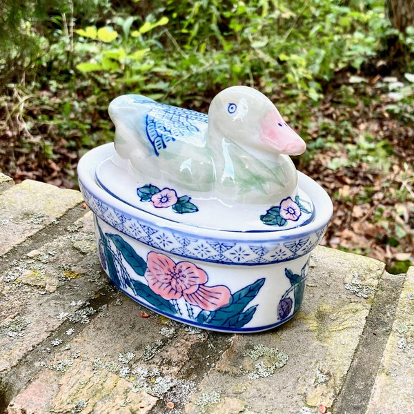 Vintage Ceramic Duck Covered Dish by Ben Rickert. Hand Painted Floral Duck on Nest or Basket. Collectible Trinket Box