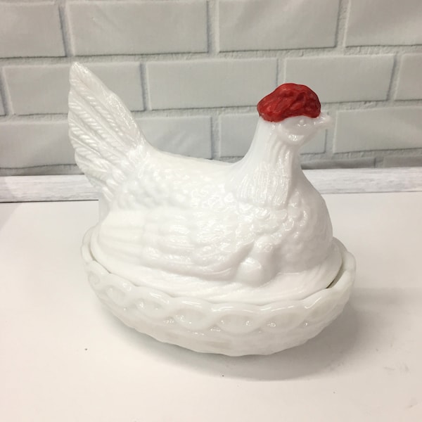 L.E. Smith Milk Glass Hen on Nest with Baby Chicks. Vintage White Chicken covered Candy Dish. Red "Cold Painted" Comb. Trinket Box