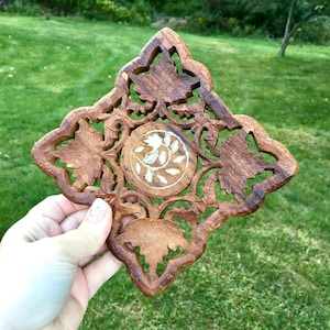 Boho Wooden Trivet Hot Plate with Color Inlay and Ball Feet. Carved Filigree Scrolls Leaves Cutouts