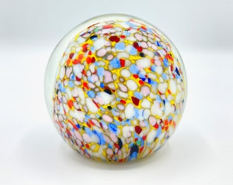CONFETTI SPOTS Paperweight Signed by John Gentile WV Glass Orb , Clear with Colorful Dots Sphere 2.50"