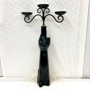 Vintage Black Cat Wine Bottle w/ Iron Candelabra Votive Stopper 17&quot; Glass Empty