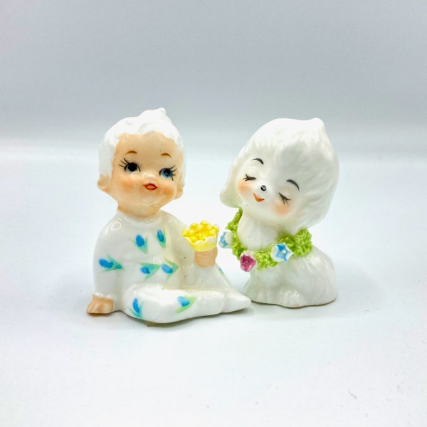 Vintage Napcoware Boy and Puppy Ceramic Figurines, Baby of the Month with Flower, White Dog w/Floral Collar, Collectible Napco Mini