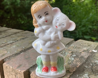 Vintage Girl Figurine with Weird Koala Bear Toy, Porcelain Kid Holding Teddy with Crazy Eyes. made in Japan