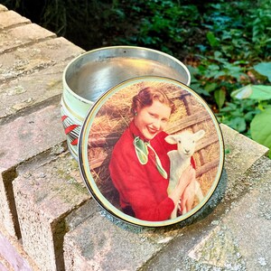 Vintage Edward Sharp Candy Tin, Lady & Lamb, Round Toffee Metal Container, Advertising, Made in England