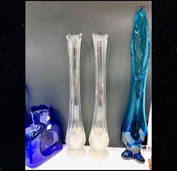 Vtg PAIR Ivima Crystal Clear Tall Swung Glass Vases w/ Frosted Satin Roses 19.75", Portugal