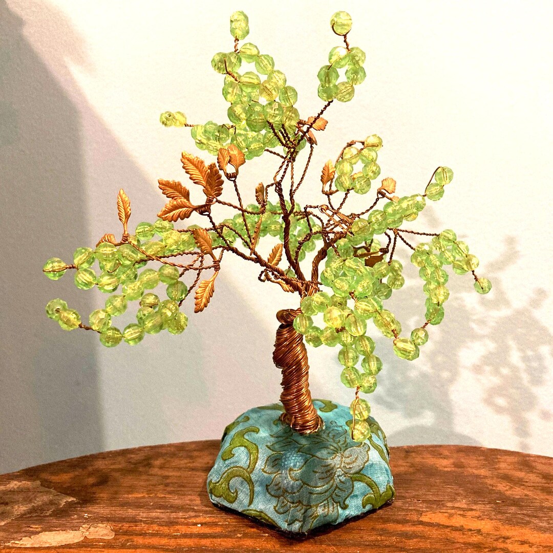 Vintage Brass MONEY Tree W/ Leaves & Beads, Twisted Wire Kinetic Bonsai ...