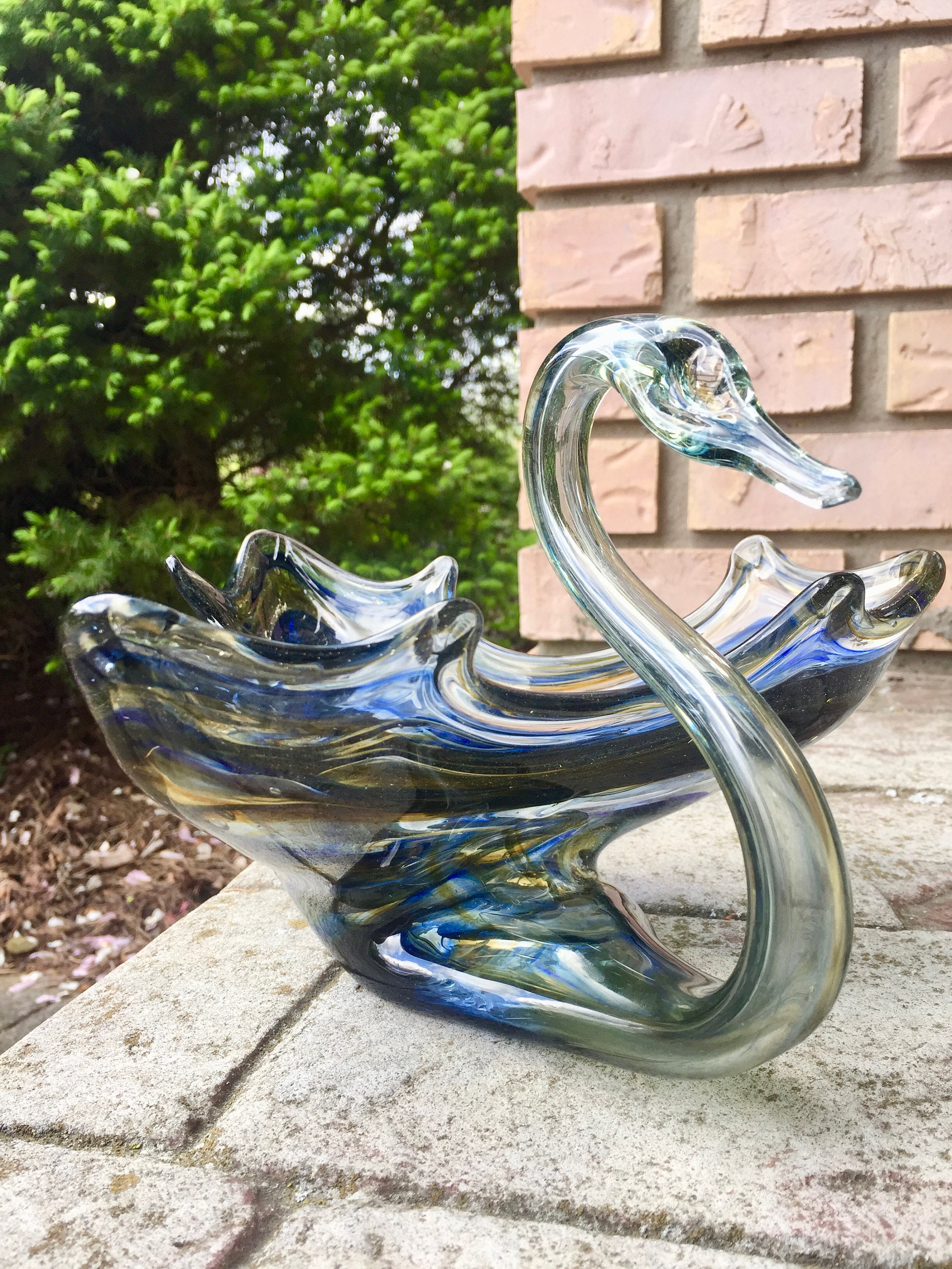 Sooner Art Glass Swan Blue and Brown Blown Glass Bowl Etsy