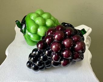 Vintage Glass Grape Clusters, Green and Purple Art Glass Fruit w/ Applied Stems, Blenko?