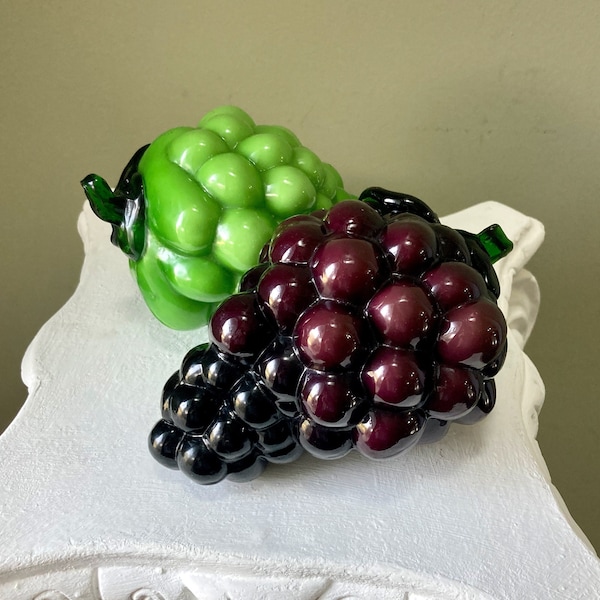 Vintage Glass Grape Clusters, Green and Purple Art Glass Fruit w/ Applied Stems, Blenko?
