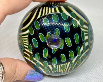 Vintage Abstract Orbs Paperweight by Alan Goldfarb, Blown Art Glass, Whimsical Cells & Pulled Feather