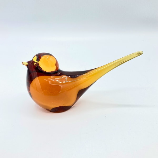 Vintage Pilgrim Art Glass Long Tail BIRD Honey Amber Hand Blown Figurine Paperweight MCM