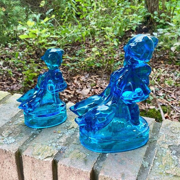 Vintage LE Smith Blue Glass Girl with Geese Figure. CHOICE of SIZE. Hummel Style Glass Sculpture